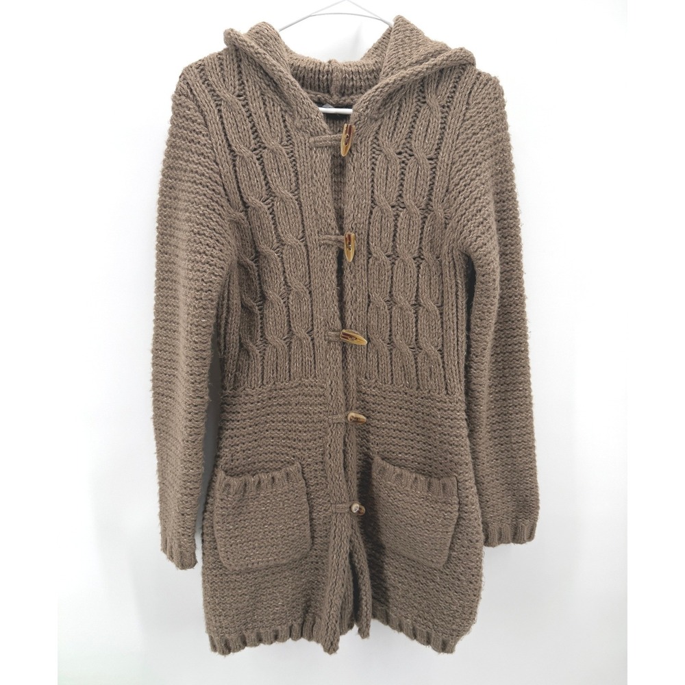BCBG MAXAZRIA Cardigan Cable Knit Sweater Brown Hooded Toggle Cozy Cabin Women M